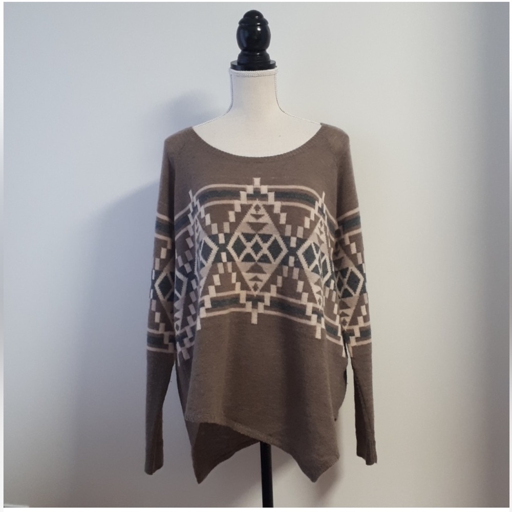 Joie Brown Grey Aztec Boho Brenda Geometric Wool Cashmere Sweater S M L